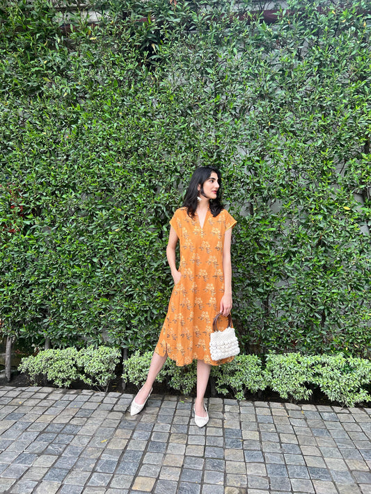 Mustard bunch of flowers cotton lounge dress - Sohni