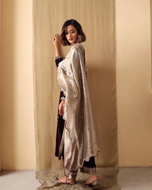 Eggplant velvet kurta set with banarsi tissue dupatta - Sohni