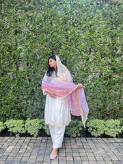 White handloom cotton kurta set with floral scallops embroidery - Sohni