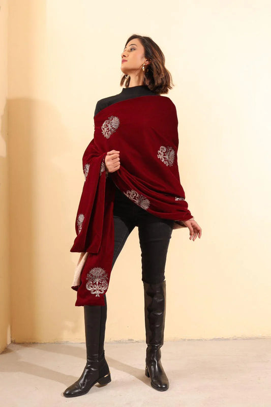 Maroon mughal boota hand embroidered reversible velvet odhani - Sohni