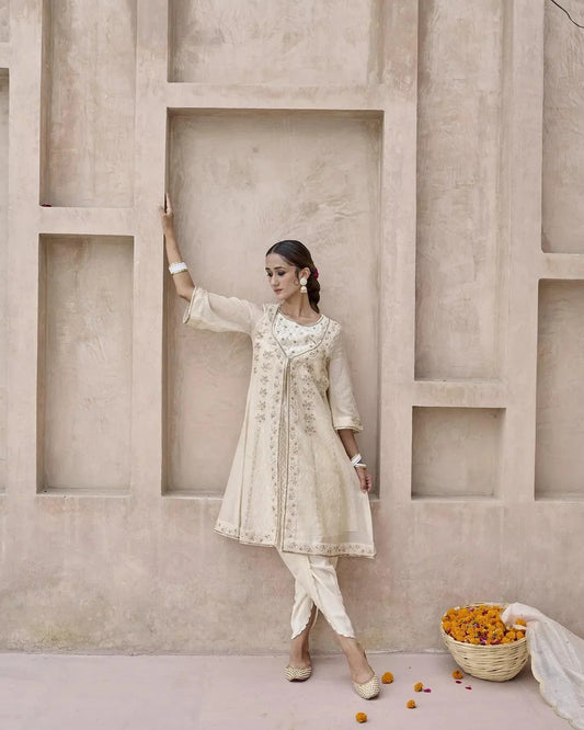 Ivory tissue chanderi overlay set with dhoti salwar - Sohni