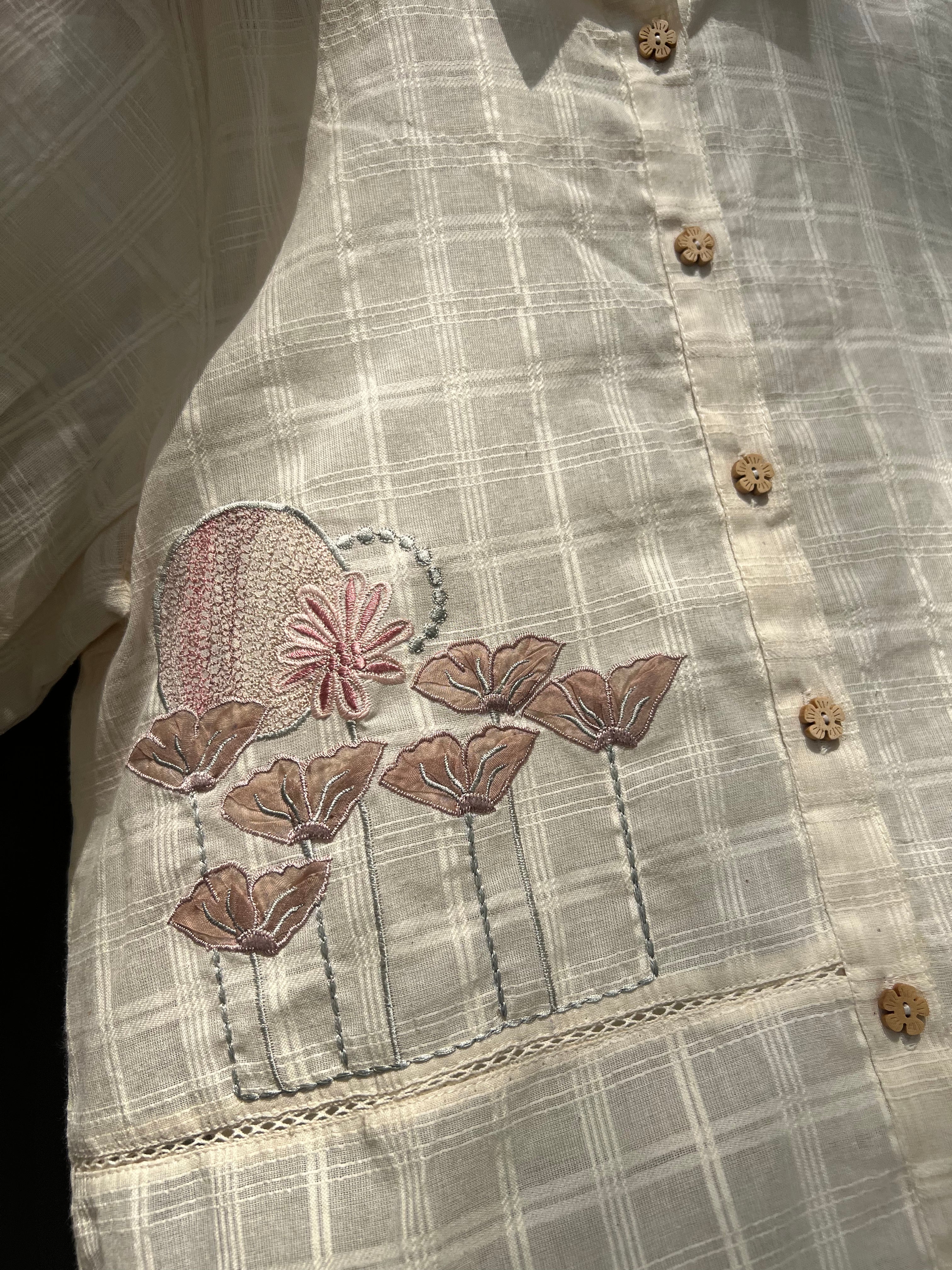 Ivory dobby check top with appliqué flowers embroidery - Sohni