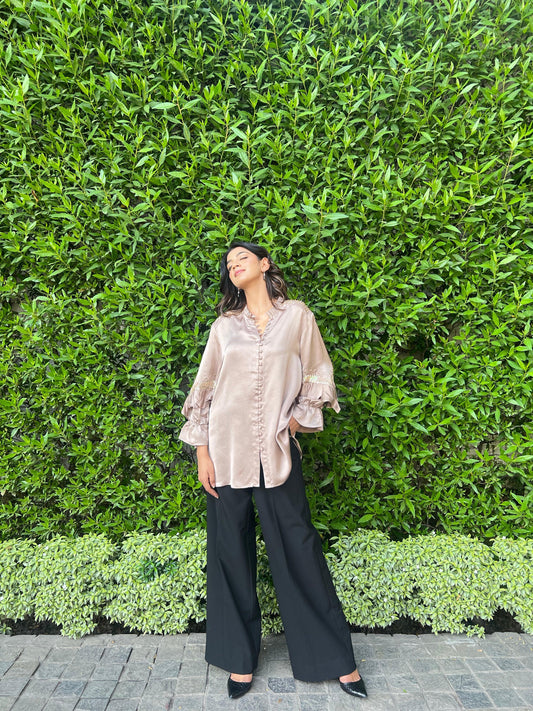 Champagne modal silk tunic with ruffled sleeves - Sohni
