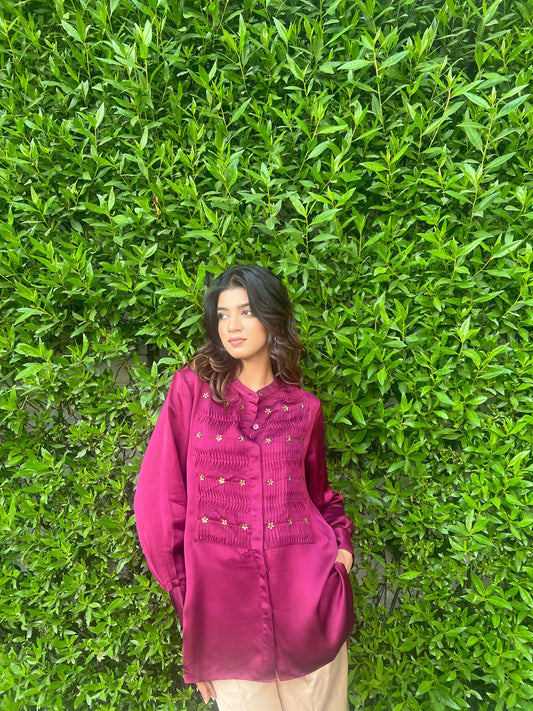 Plum modal silk tunic with tucked pleats yoke - Sohni