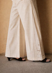 Cream (Greige) Cotton Flared Pants with Lace and Bird Embroidery Godet