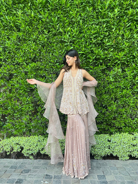 Pale taupe peplum set with ruffle dupatta - Sohni