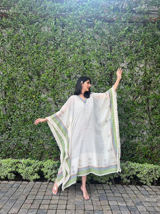 Cream dobby check block print kaftaan - Sohni