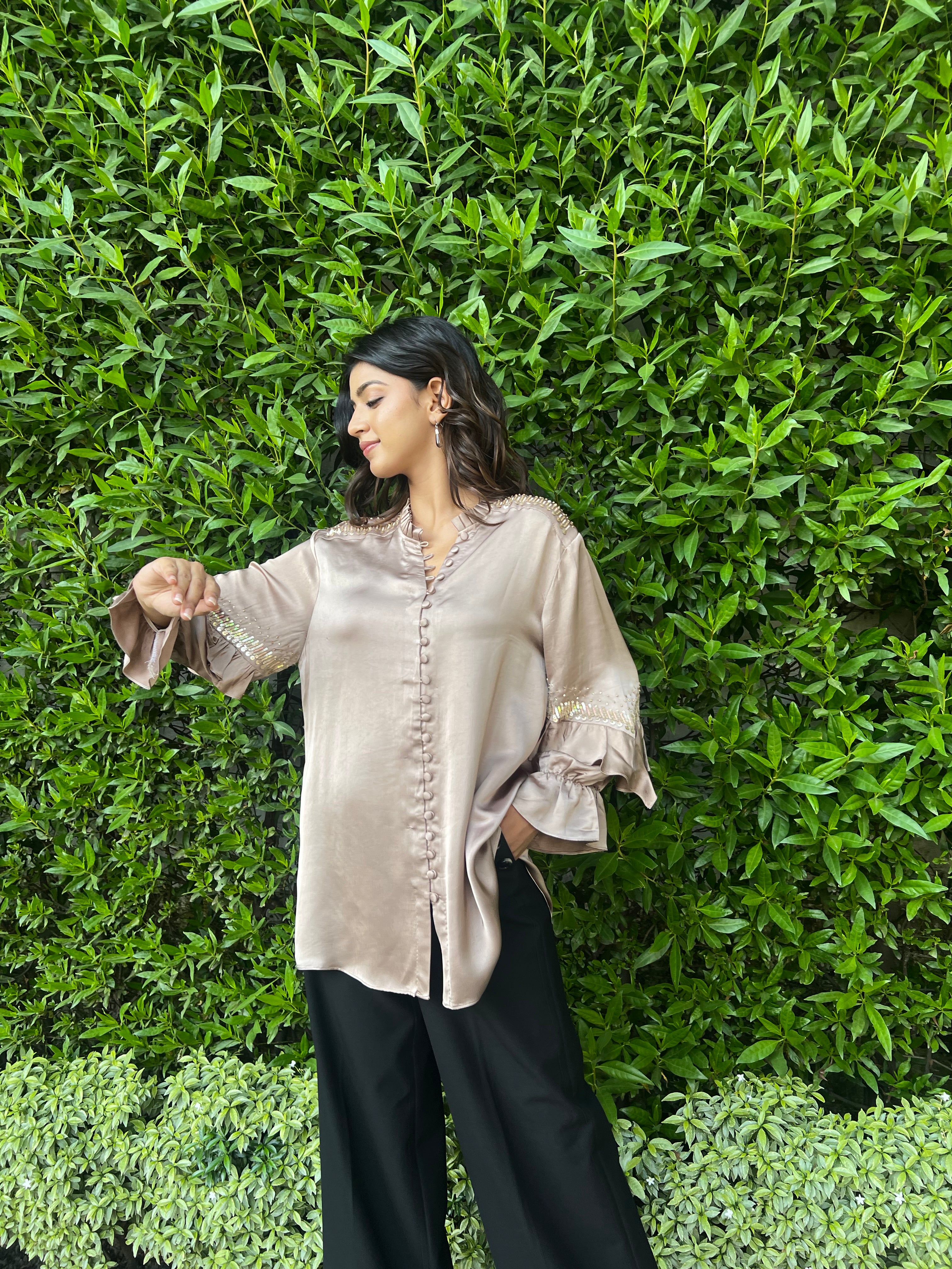 Champagne modal silk tunic with ruffled sleeves