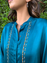 Teal blue modal silk shirt with pleated placket - Sohni