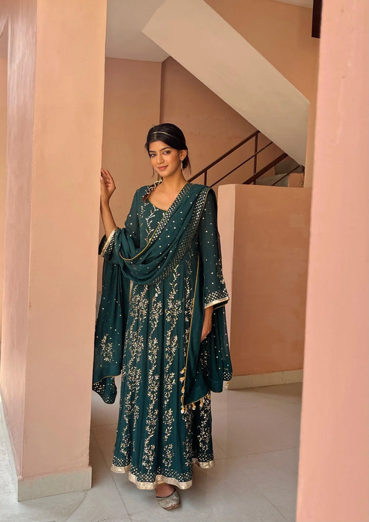 Teal green kamdani mukaish anarkali - Sohni