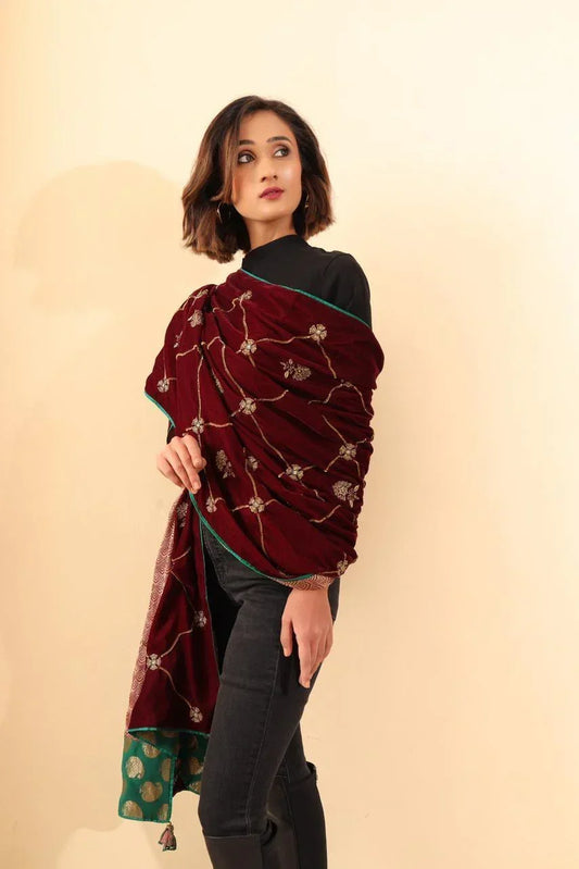 Wine reversible hand embroidered velvet odhni - Sohni
