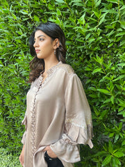 Champagne modal silk tunic with ruffled sleeves