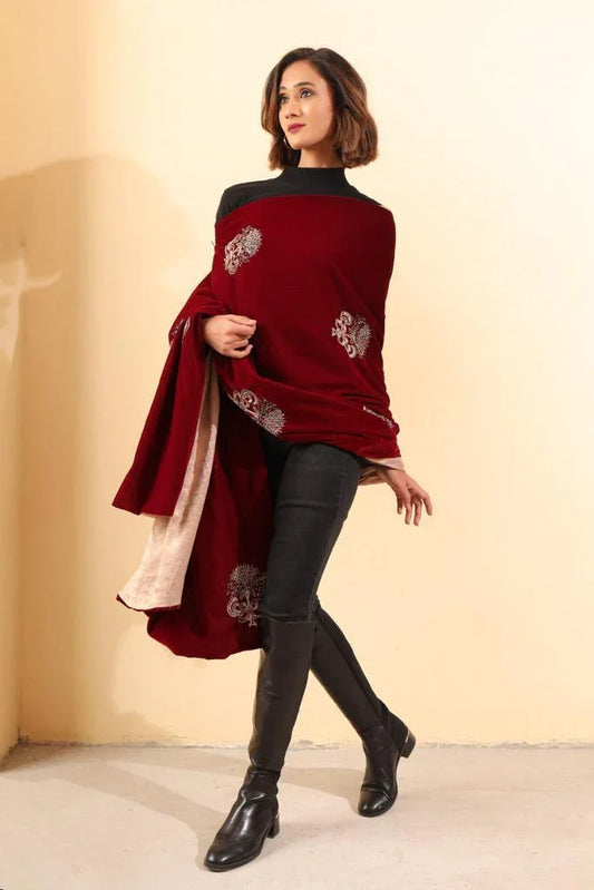 Maroon mughal boota hand embroidered reversible velvet odhani - Sohni