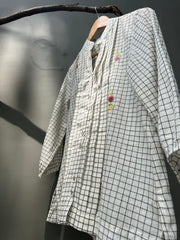 Ivory and black windowpane check top with floral embroidery - Sohni