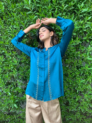 Teal blue modal silk shirt with pleated placket - Sohni