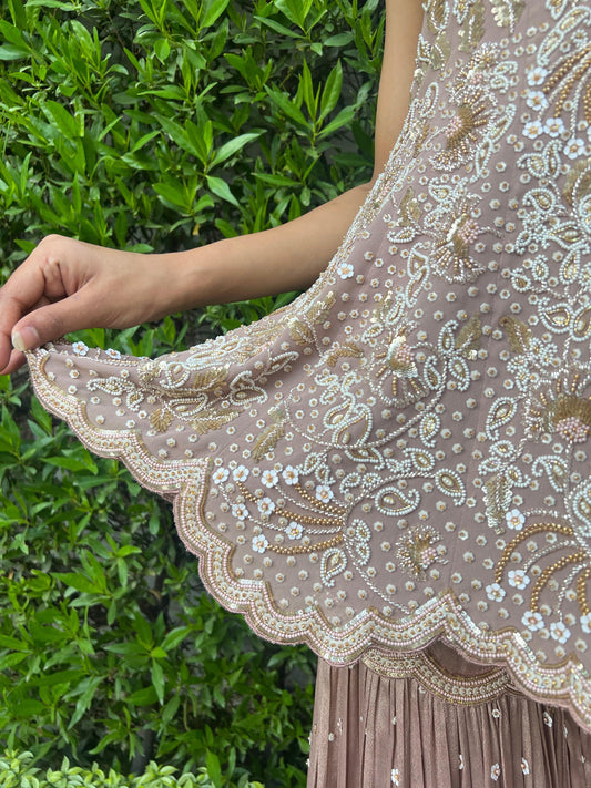 Pale taupe peplum set with ruffle dupatta - Sohni