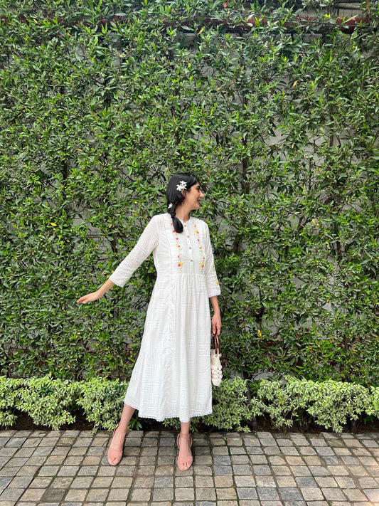 White dobby check midi dress with floral embroidery - Sohni