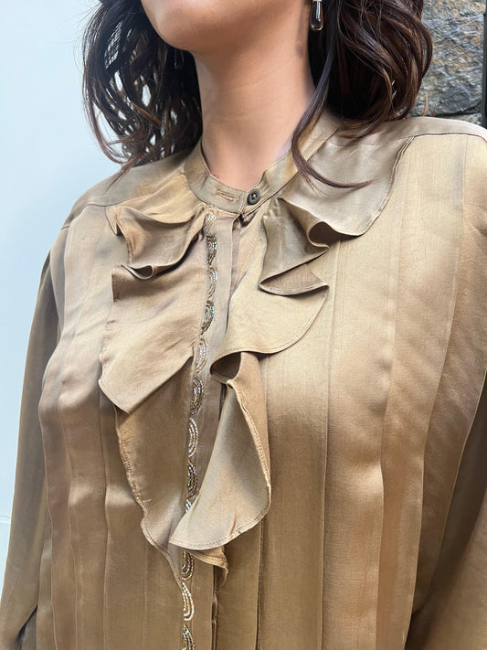Brass gold modal silk top with ruffles and pleats - Sohni