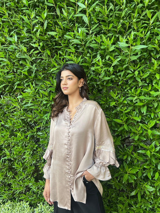 Champagne modal silk tunic with ruffled sleeves - Sohni