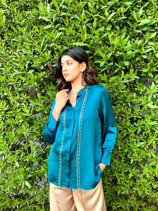 Teal blue modal silk shirt with pleated placket - Sohni