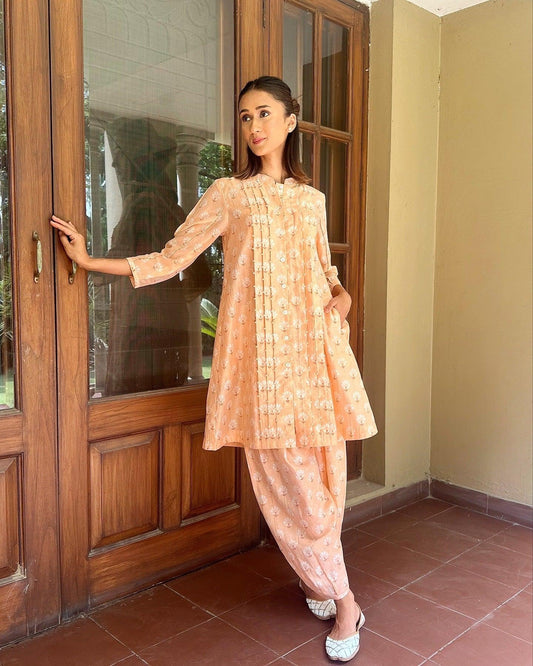 Peach orange co ord set with smocking and pearl detail