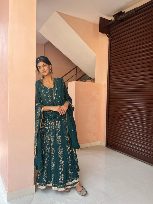 Teal green kamdani mukaish anarkali - Sohni