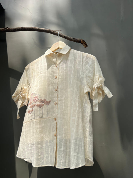Ivory dobby check top with appliqué flowers embroidery - Sohni