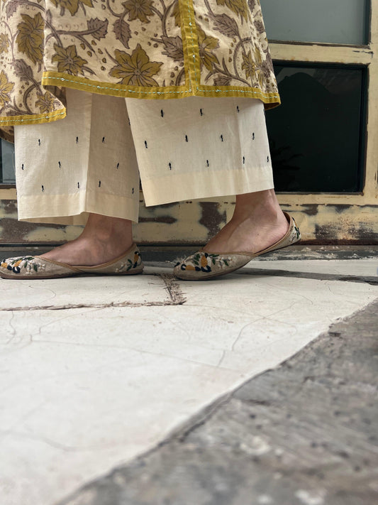 Cream urmul cotton palazzos with lazy Daisy embroidery - Sohni