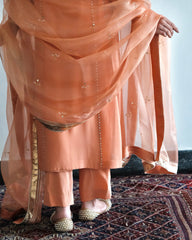 Peach gota patti kurta pants set with organza dupatta