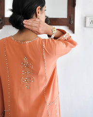 Peach gota patti kurta pants set with organza dupatta