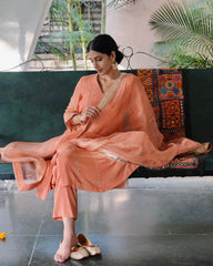 Peach gota patti kurta pants set with organza dupatta