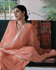Peach gota patti kurta pants set with organza dupatta