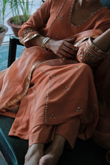 Peach gota patti kurta pants set with organza dupatta
