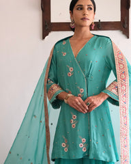 Firoza blue gota patti angrakha with garara and organza dupatta