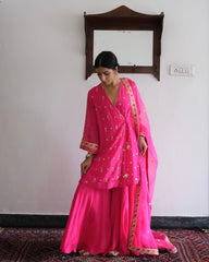 Rani pink gota patti angrakha with garara and organza dupatta