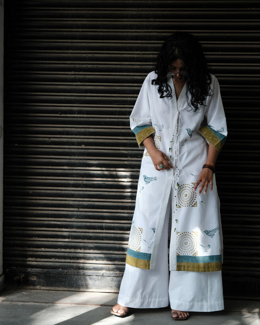 White Block Print Overlap Kurta