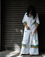 White Block Print Overlap Kurta