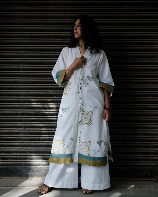White Block Print Overlap Kurta