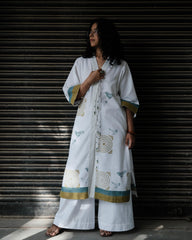 White Block Print Overlap Kurta
