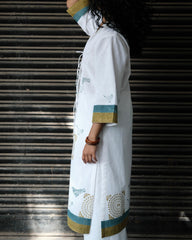 White Block Print Overlap Kurta