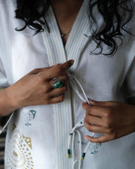 White Block Print Overlap Kurta