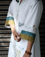 White Block Print Overlap Kurta