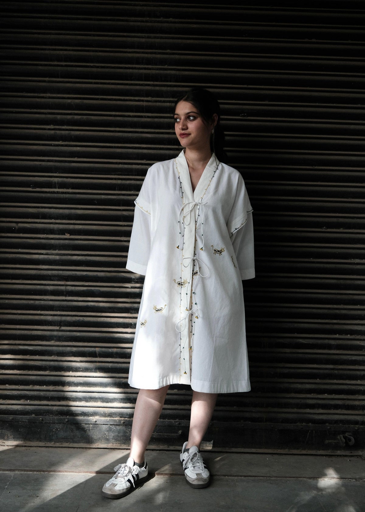 White Kimono Dress with Cats Embroidery