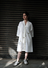 White Kimono Dress with Cats Embroidery