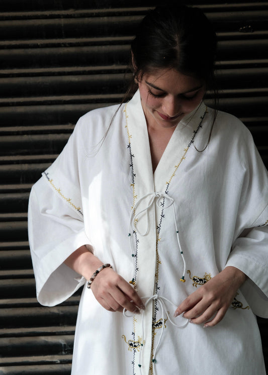 White Kimono Dress with Cats Embroidery