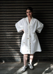 White Kimono Dress with Cats Embroidery
