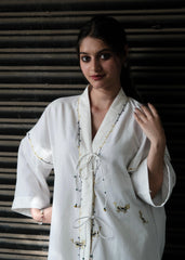 White Kimono Dress with Cats Embroidery