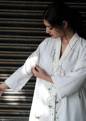 White Kimono Dress with Cats Embroidery