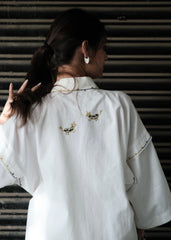 White Kimono Dress with Cats Embroidery