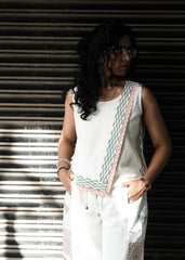 White Linen Block Print Sleeveless Co-ord Set